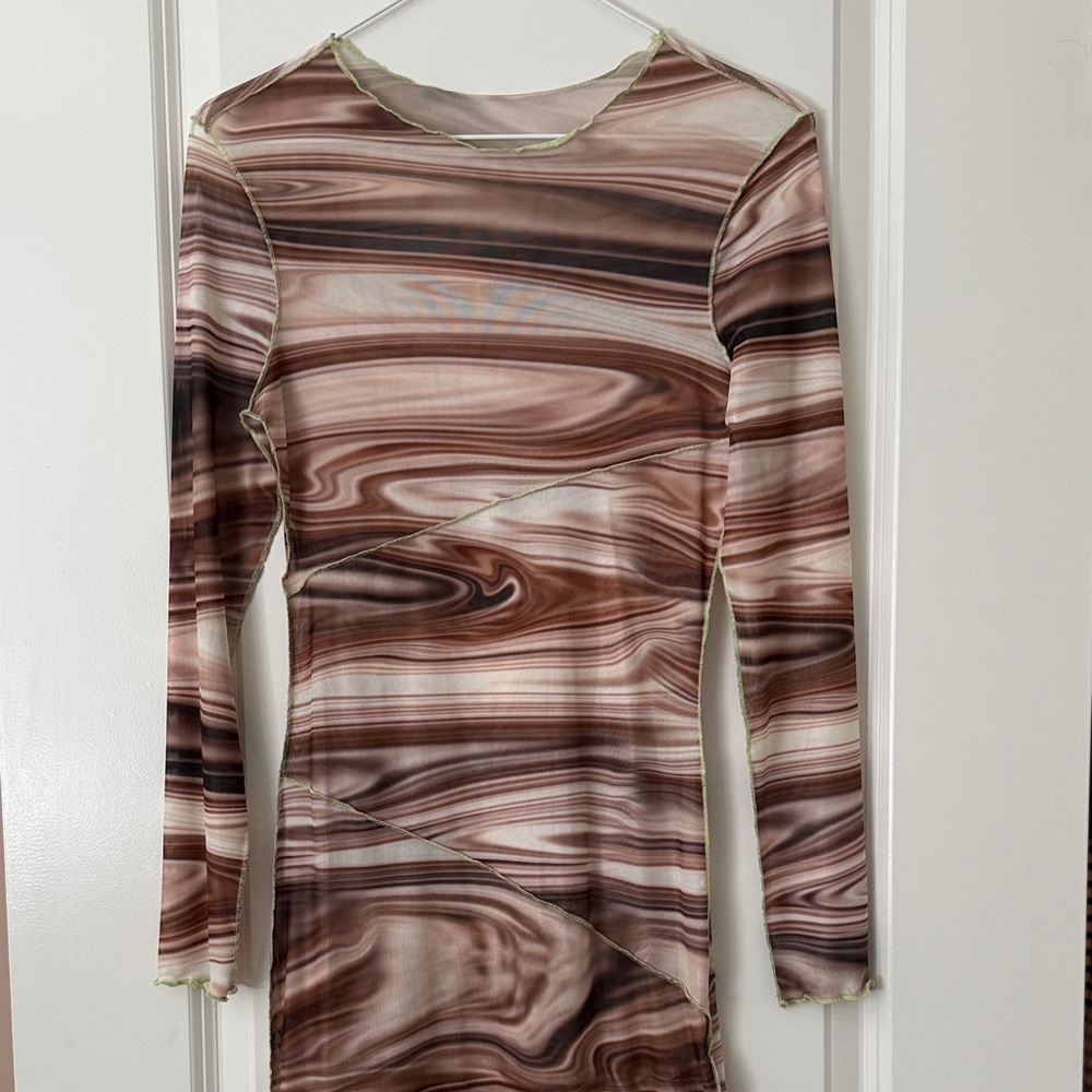 Swirled Brown Long Sleeve sheer Dress